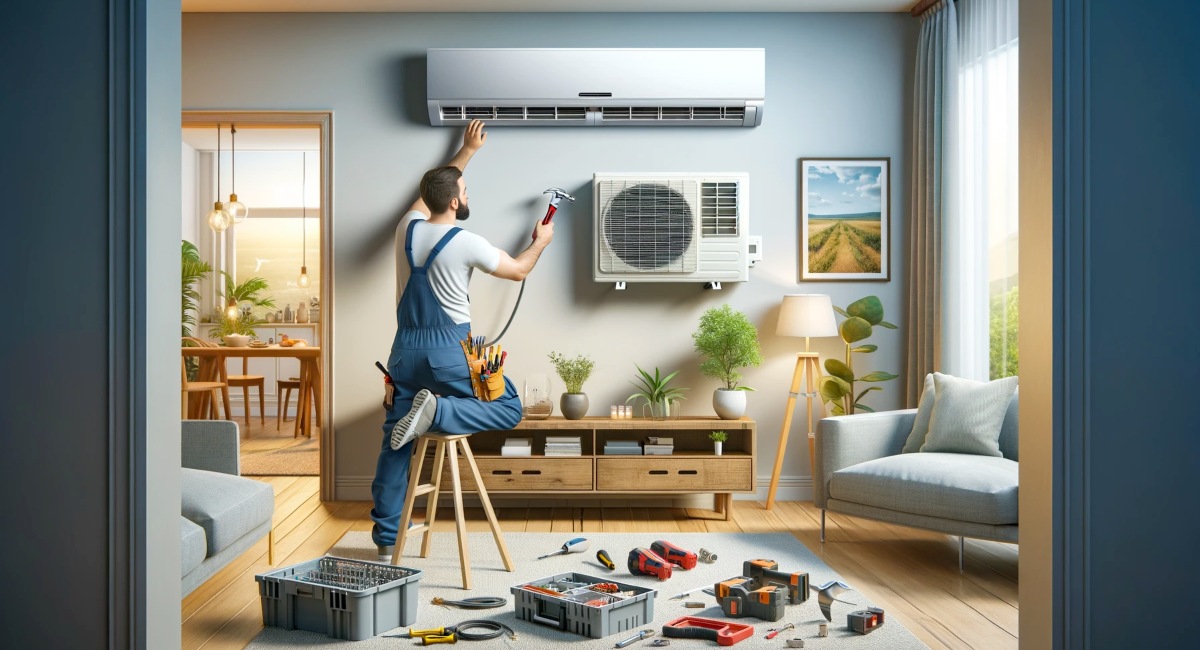 HVAC technician on a stepladder installing a modern air conditioner in a bright living room, with tools spread on the floor, ensuring a comfortable indoor climate